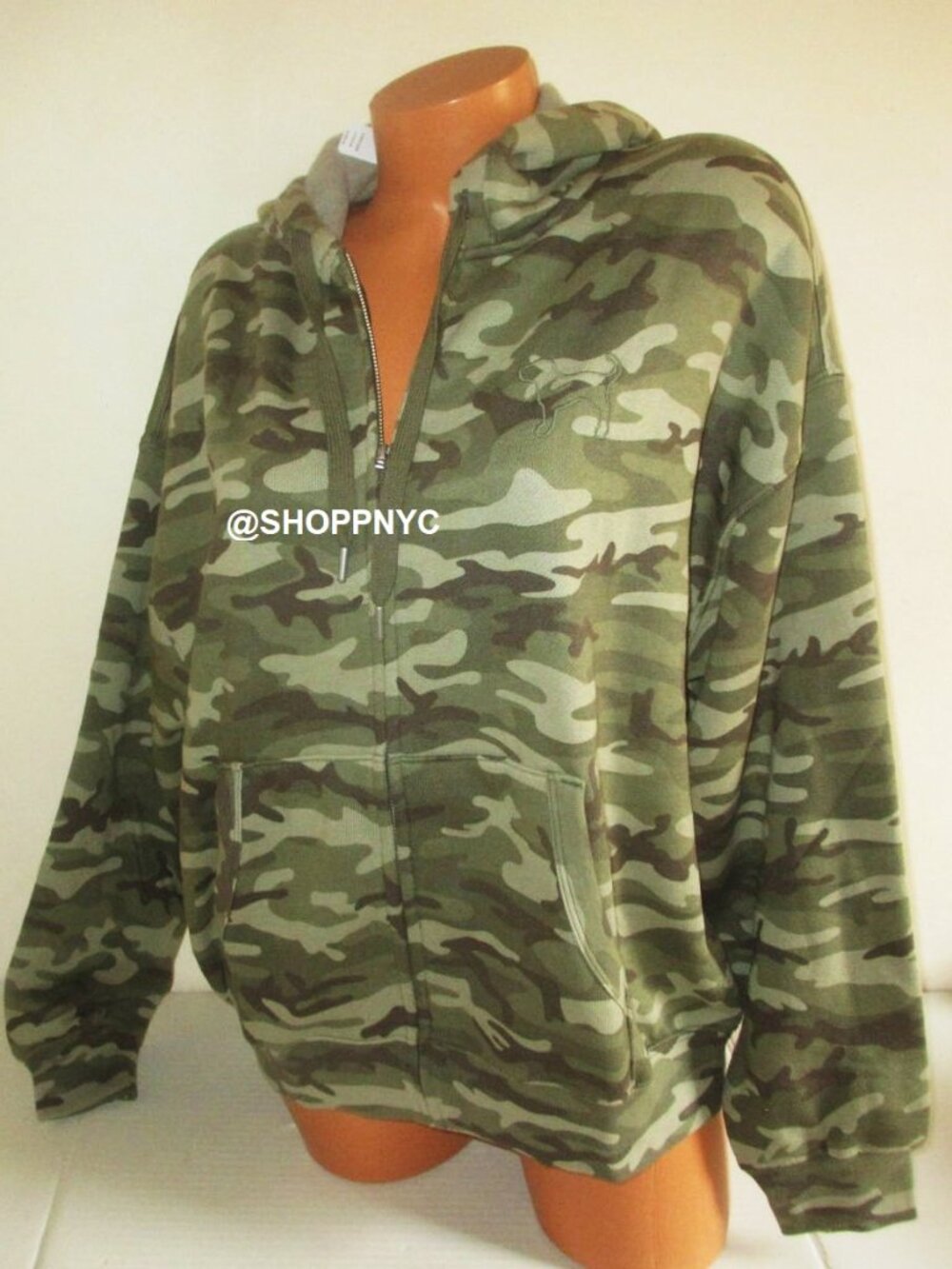 Victoria Secret PINK Campus Full-Zip Hoodie Sweatshirt Relaxed Fit Camo Green M